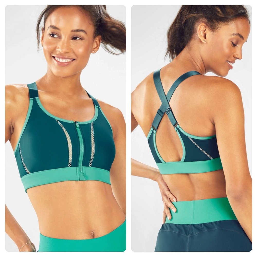 NEW Fabletics Zoe High Impact Sports Bra Front Zip Adjustable Fjord Green Small